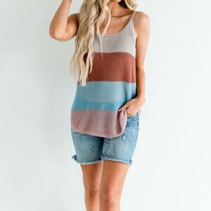 Trendy Colorblock Striped Knit Tunic Tank Top Multicolor